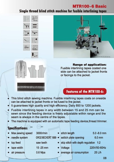 Single thread blind stitch machine for fusible interlining tapes, MTR100-6 Basic