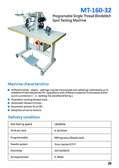Programable Single Thread Blindstitch Spot Tacking Machine, MT-160-32